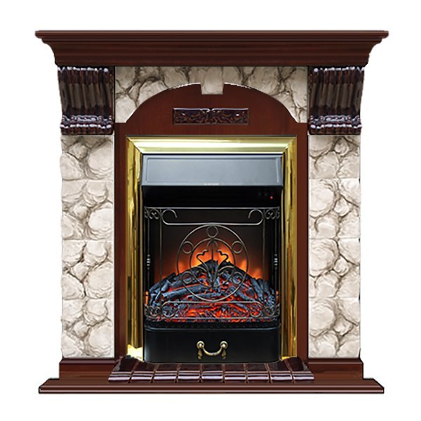 Электрокамин с классическим очагом 2D Glenrich Арочный (Magestic BL,BR) камень-Карелия/цвет-Красное дерево