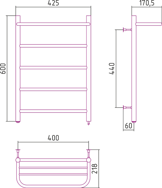 Электрический полотенцесушитель СТИЛЬЕ ЭПС Формат 30 Л 600х400 (Полка + 4) П16