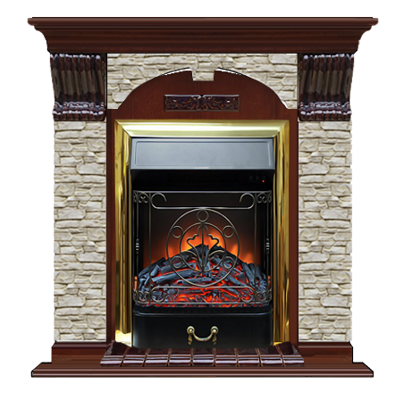 Электрокамин с классическим очагом 2D Glenrich Арочный (Magestic BL,BR) камень-Грот однотонный/цвет-Красное дерево