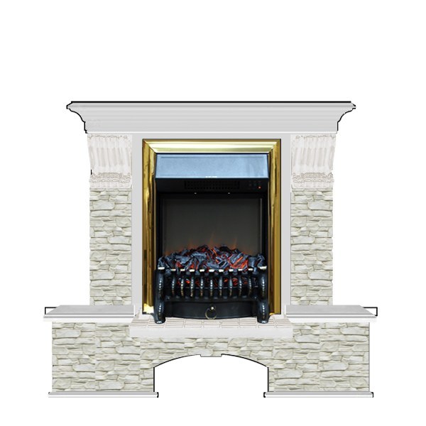 Красивый дизайнерский электрокамин Glenrich Бостон К (Fobos BL,BR) камень-Грот однотонный/цвет-Беленный дуб