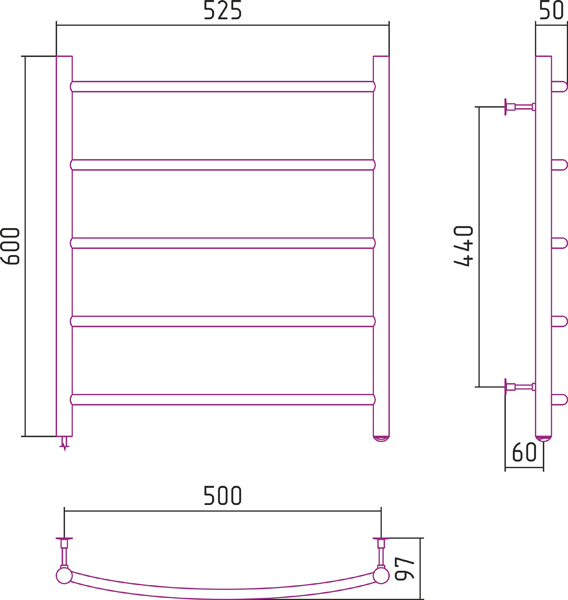 Электрический полотенцесушитель СТИЛЬЕ ЭПС Формат 40 Л 600х500 (5) Г16