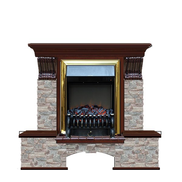 Красивый каменный камин с эффектом живого огня Glenrich Бостон К (Fobos BL,BR) камень-Грот цветной/цвет-Красное дерево