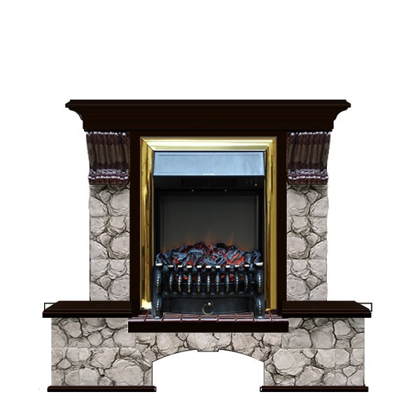 Электрокамин с эффектом живого пламени Glenrich Бостон К (Fobos BL,BR) камень-Карелия/цвет-Венге