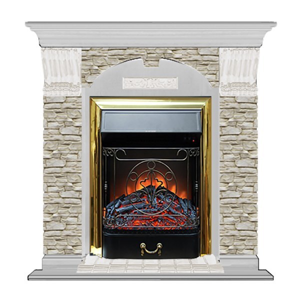 Электрокамин с классическим очагом 2D Glenrich Арочный (Magestic BL,BR) камень-Грот однотонный/цвет-Беленный дуб