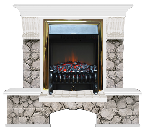 Электрокамин с классическим очагом 2D Glenrich Бостон К (Fobos BL,BR) камень-Карелия/цвет-Белый