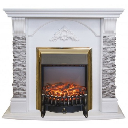 Электрический камин (очаг+портал) с эффектом живого огня Real-Flame Athena GR STD/EUG/25/24 WT с очагом Fobos s Lux BL/BR, Majestic s Lux BL/BR