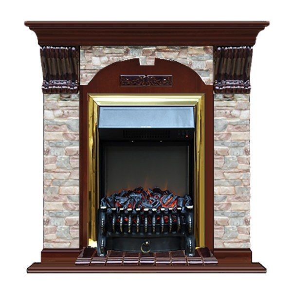 Современный камин для загородного дома Glenrich Арочный (Fobos BL,BR) камень-Грот цветной/цвет-Красное дерево