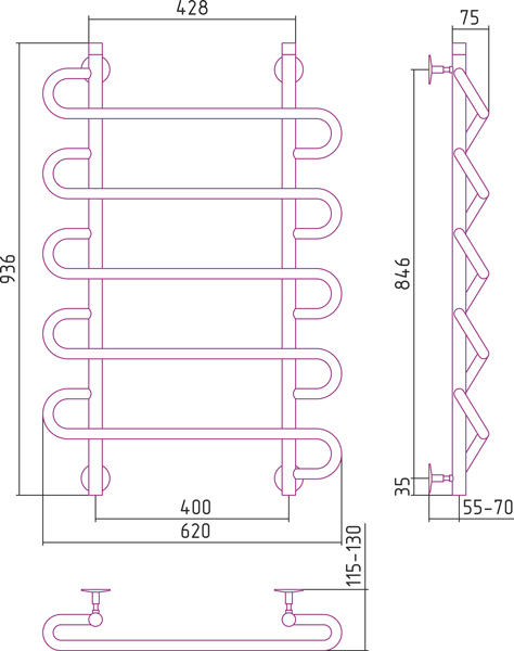Водяной полотенцесушитель СТИЛЬЕ ПС Универсал-52 1000х600 (5) S 21