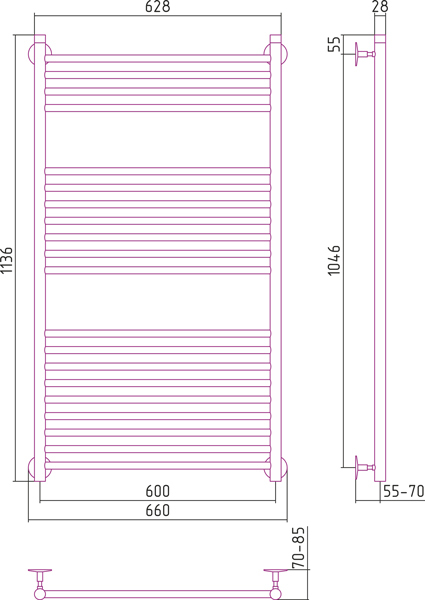 Водяной полотенцесушитель СТИЛЬЕ ПС Универсал-53 1200х600 (4+7+9) П 18