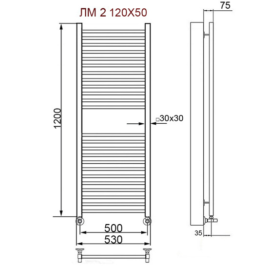Водяной полотенцесушитель Ника ЛМ-2 Хром (Комплектация с вентилями) 120х50 -24