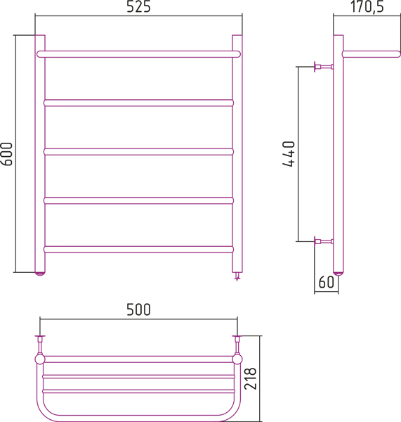 Электрический полотенцесушитель СТИЛЬЕ ЭПС Формат 30 П 600х500 (Полка + 4) П16