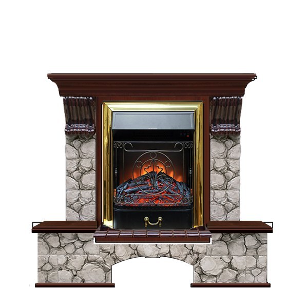 Красивый электрокамин с эффектом живого огня Glenrich Бостон К (Magestic BL,BR) камень-Карелия/цвет-Красное дерево