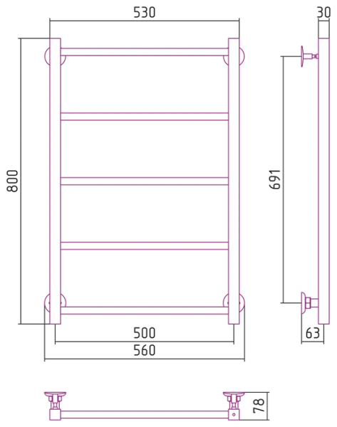 Водяной полотенцесушитель СТИЛЬЕ ПС Версия-КН 800х500 (5) П 20х20