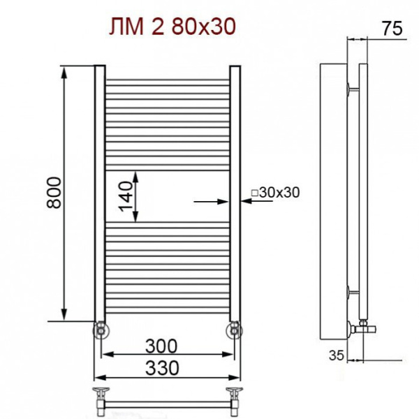 Водяной полотенцесушитель Ника ЛМ-2 Хром (Комплектация с вентилями) 80х30 -14