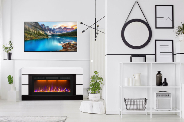 Линейный электрокамин Royal Flame Modern (белый с черным) с очагом Vision 42 LOG LED