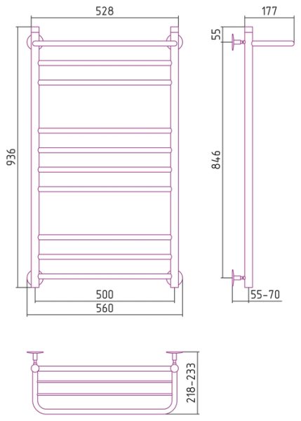 Водяной полотенцесушитель СТИЛЬЕ ПС Универсал-57 1000х500 (Полка +2+4+3) П 18