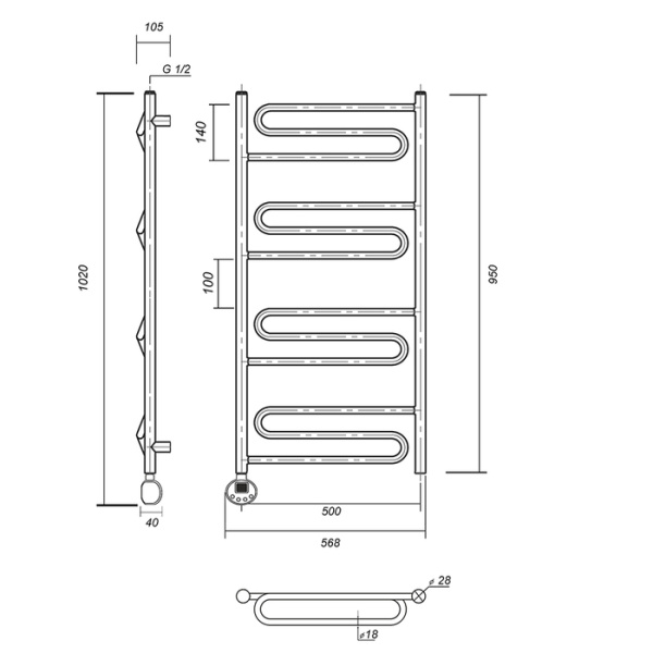 Электрический полотенцесушитель Domoterm Офелия П12 500*950 АБР EL