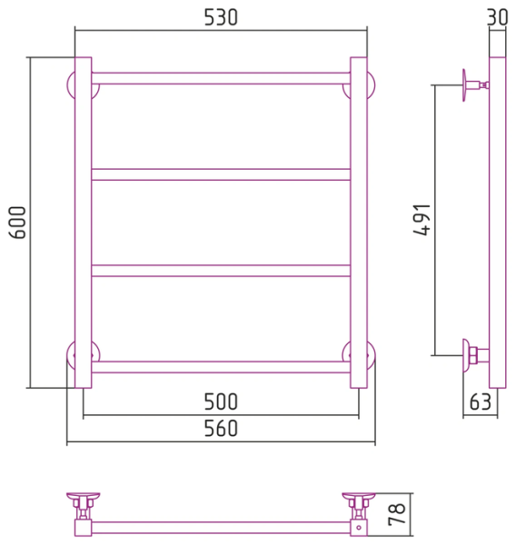 Водяной полотенцесушитель СТИЛЬЕ ПС Версия-КН 600х500 (4) П 20х20