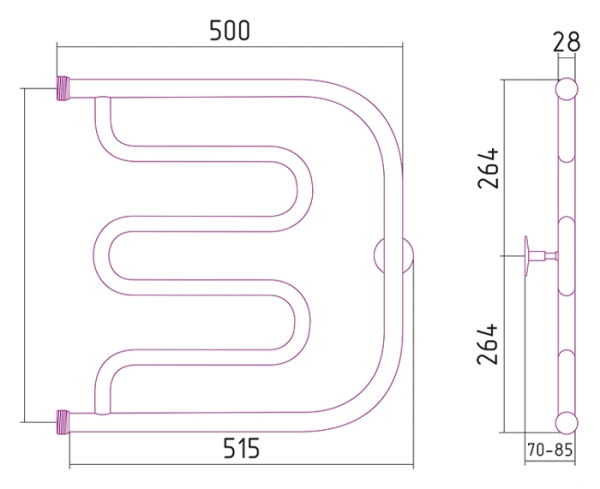 Водяной полотенцесушитель СТИЛЬЕ ПС ТАНДЕМ 500х500 резьба-сгон 1