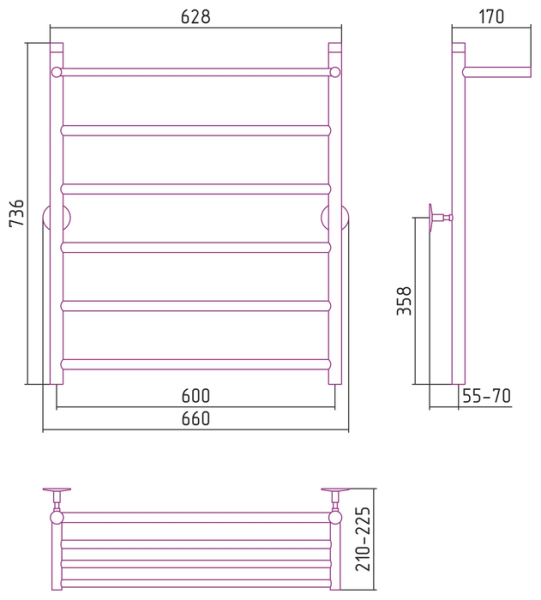Водяной полотенцесушитель СТИЛЬЕ ПС Универсал-54 800х600 (Полка + 5) П 21