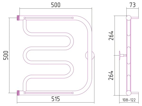 Водяной полотенцесушитель СТИЛЬЕ ПС ТАНДЕМ 2П 500х500 резьба-сгон 1