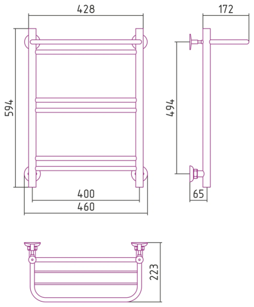 Водяной полотенцесушитель СТИЛЬЕ ПС Версия-Н1 600х400 (Полка+1+2+2) П 16