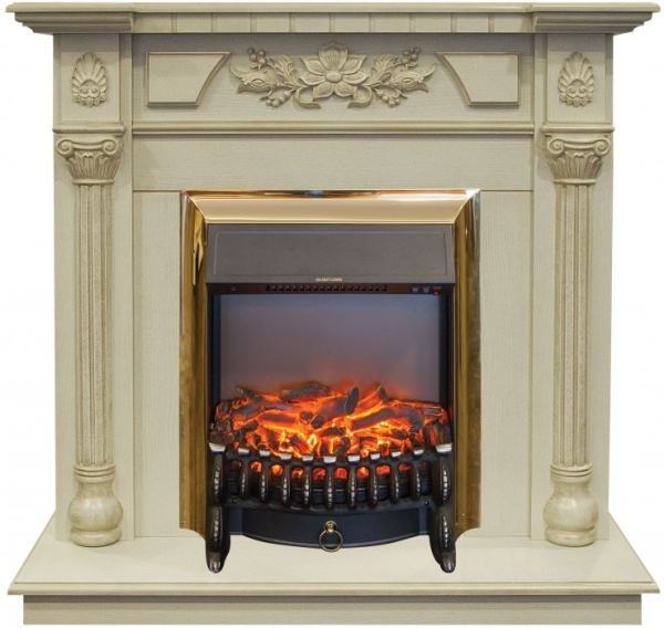 Электрокамин с классическим очагом 2D Real-Flame Dacota STD/EUG WT с очагами Fobos s Lux BL/BR, Majestic s Lux BL/BR
