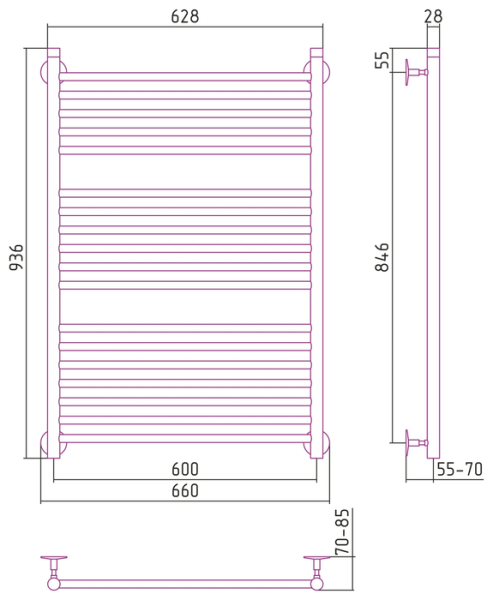 Водяной полотенцесушитель СТИЛЬЕ ПС Универсал-53 1000х600 (5+6+7) П 18