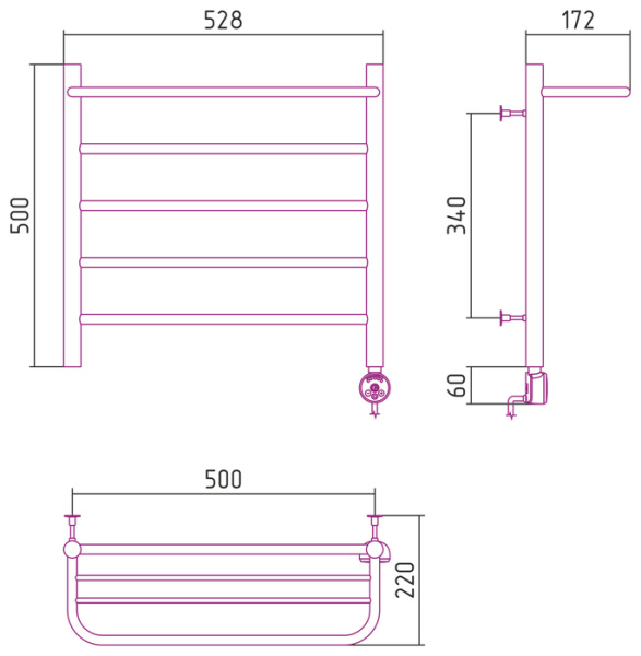 Электрический полотенцесушитель СТИЛЬЕ ЭПС Формат 20 ТП 500х500 (Полка + 4) П16