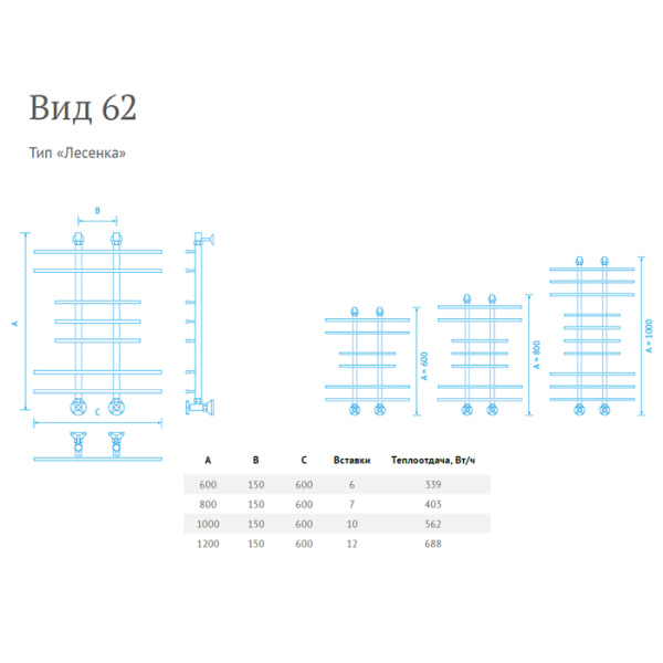 Водяной полотенцесушитель Маргроид Вид 62 100*15*60