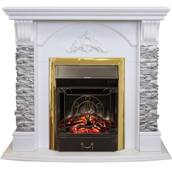 Электрический камин (очаг+портал) с эффектом живого огня Real-Flame Athena GR STD/EUG/25/24 WT с очагом Fobos s Lux BL/BR, Majestic s Lux BL/BR