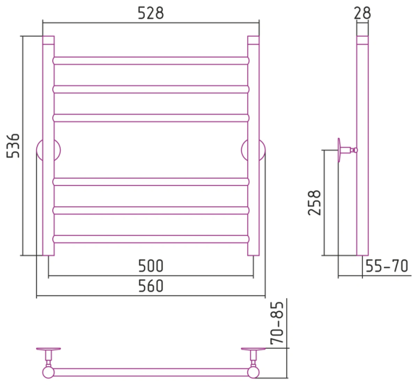 Водяной полотенцесушитель СТИЛЬЕ ПС Универсал-55 600х500 (3+3) П 18