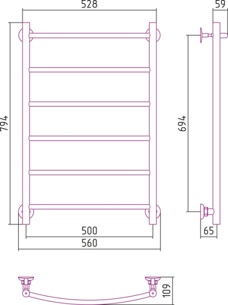 Водяной полотенцесушитель СТИЛЬЕ ПС Версия-Н2 800х500 (6) Г 18