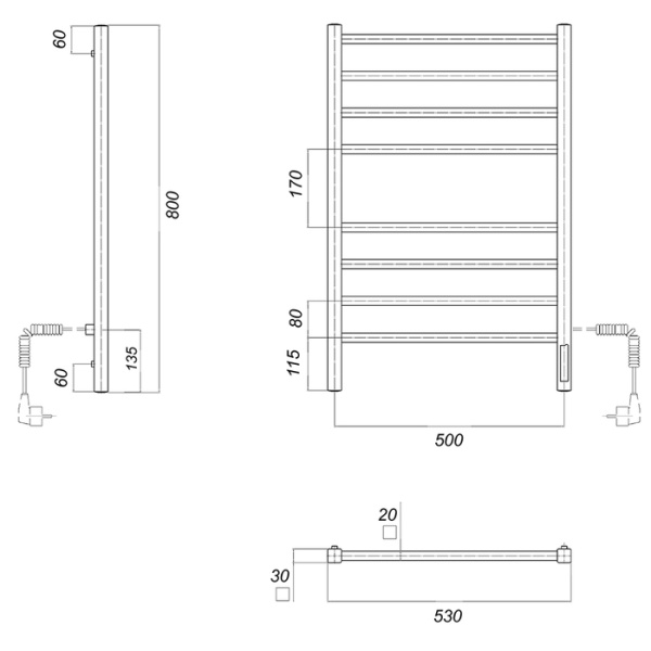 Электрический полотенцесушитель Domoterm DMT Квадро П8 500x800 ЧРН EK R