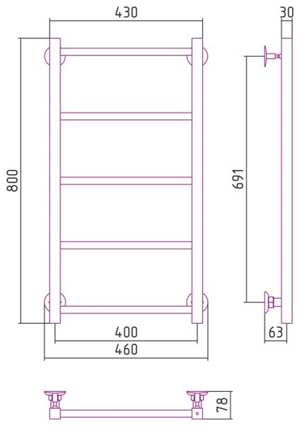 Водяной полотенцесушитель СТИЛЬЕ ПС Версия-КН 800х400 (5) П 20х20