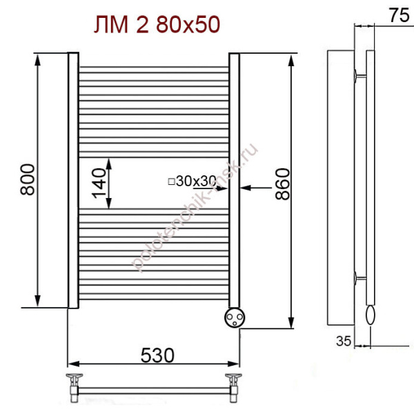 Водяной полотенцесушитель Ника ЛМ-2 Хром (Комплектация с вентилями) 80х50 -14