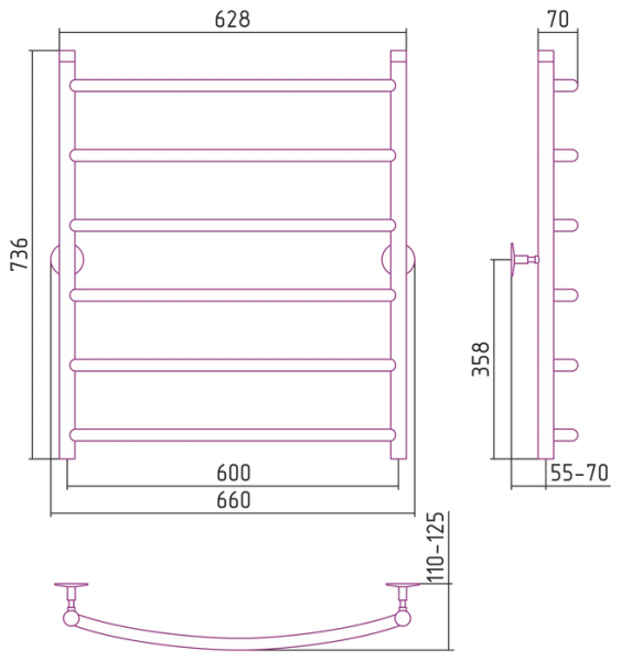 Водяной полотенцесушитель СТИЛЬЕ ПС Универсал-50 800х600 (6) Г 21