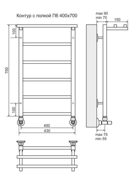 Водяной полотенцесушитель Terminus Контур с полкой П6 400х700
