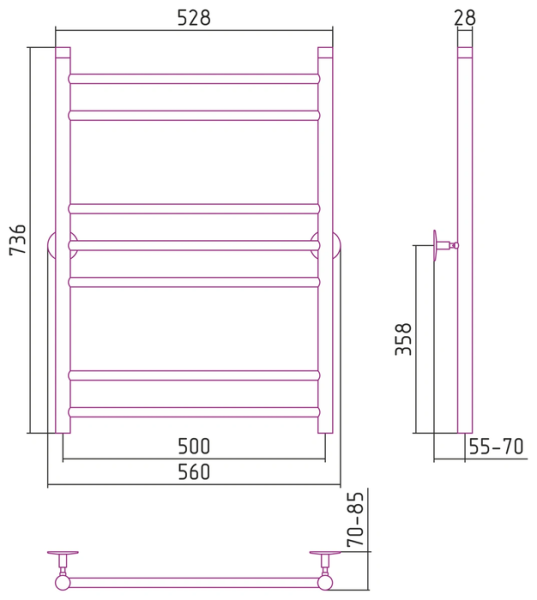 Водяной полотенцесушитель СТИЛЬЕ ПС Универсал-55 800х500 (2+3+2) П 18