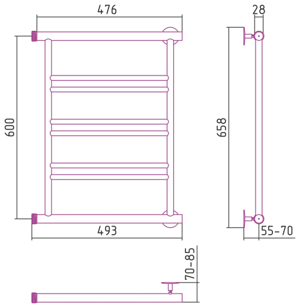 Водяной полотенцесушитель СТИЛЬЕ ПС Минор 0601 600х500 (2+2+2) П