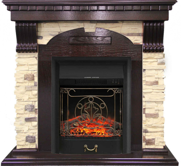 Электрокамин с классическим очагом 2D Royal Flame Dublin арочный сланец с очагом Majestic Black/Brass (Темный дуб)
