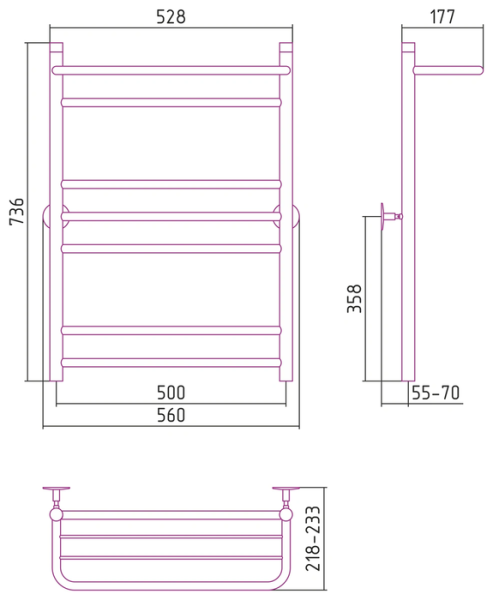 Водяной полотенцесушитель СТИЛЬЕ ПС Универсал-57 800х500 (Полка +1+3+2) П 18