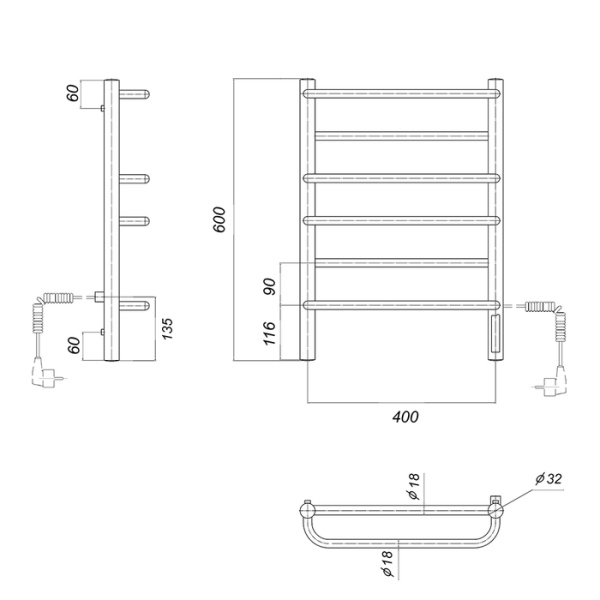 Электрический полотенцесушитель Domoterm DMT Орфей П6 400x600 ЧРН EK R
