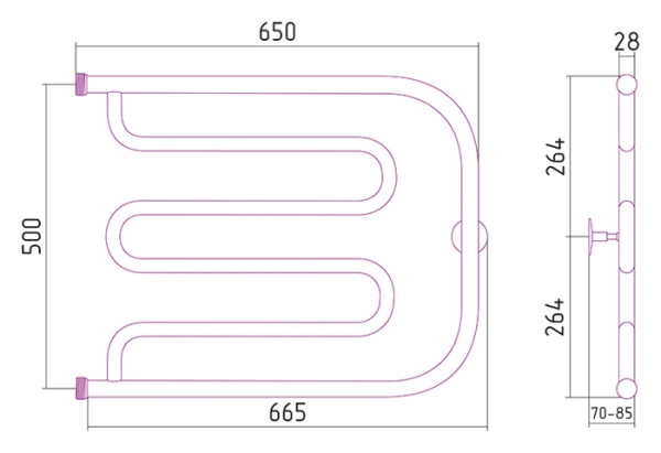 Водяной полотенцесушитель СТИЛЬЕ ПС ТАНДЕМ 500х650 резьба-сгон 1