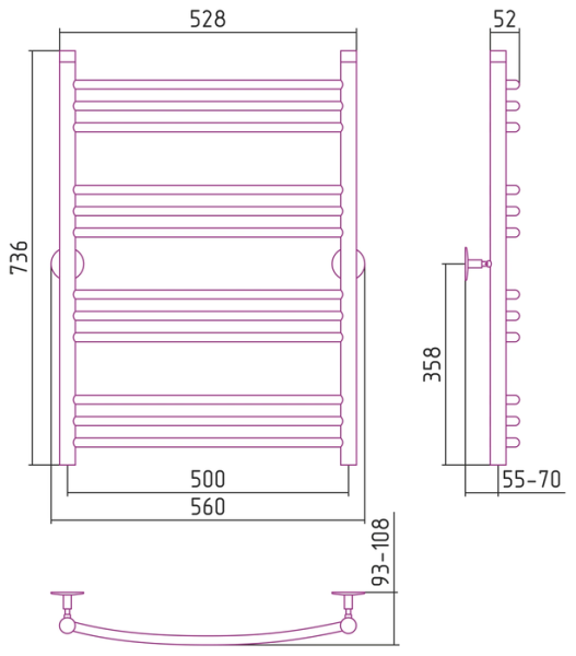 Водяной полотенцесушитель СТИЛЬЕ ПС Универсал-58 800х500 (3+3+3+3) Г 16