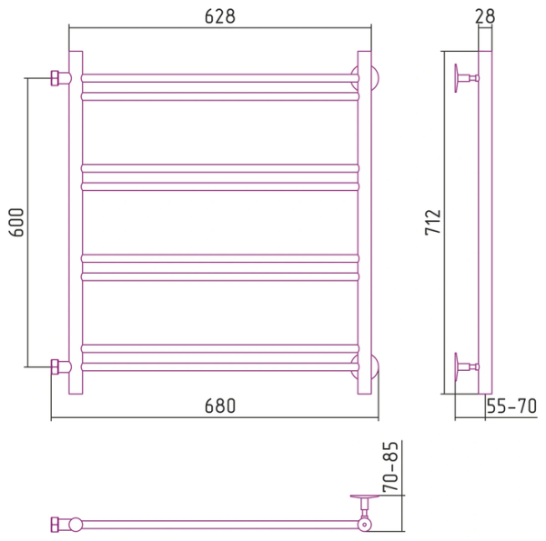 Водяной полотенцесушитель СТИЛЬЕ ПС Версия-Б1 600х600 (2+2+2+2) П 16