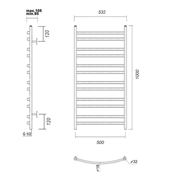 Водяной полотенцесушитель Domoterm Калипсо П12 500*1000