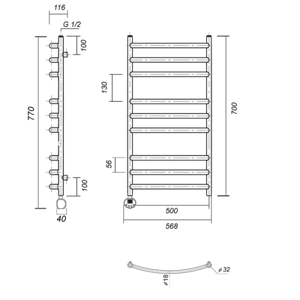 Электрический полотенцесушитель Domoterm Калипсо П9 500x700 ЧРН EL