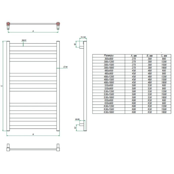 Электрический полотенцесушитель Grota Vento 300x1800 El