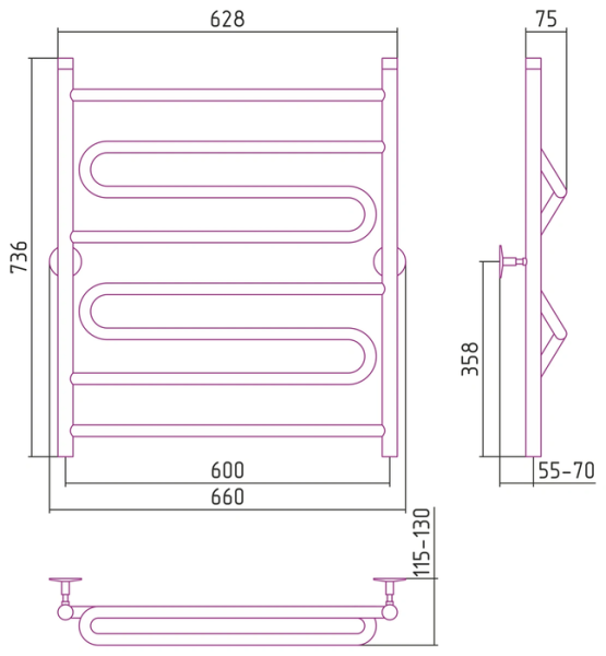 Водяной полотенцесушитель СТИЛЬЕ ПС Универсал-51 800х600 (1+2+1) ПZП 21